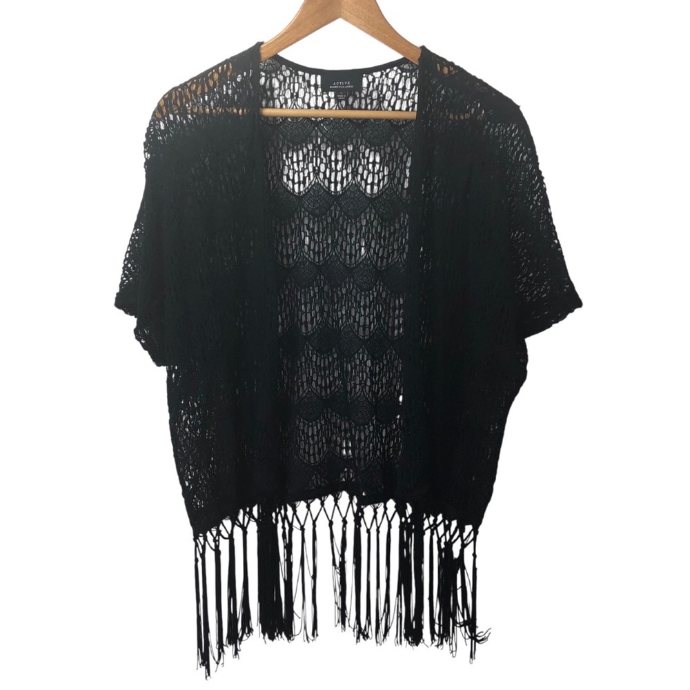 Active Whimsigoth Sz S Black Crochet Boho Fringe Sweater Shrug Cardigan Cotton